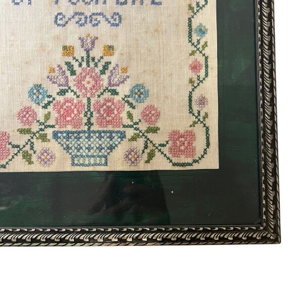 Vintage Today is the First Day Flower Basket Cross Stitch Sampler Completed - Picture 9 of 11